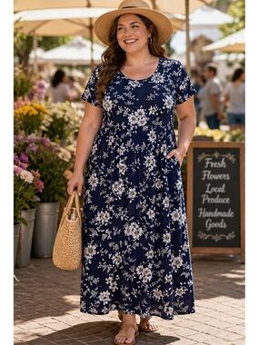 Navy Floral Short-Sleeve Maxi Dress - Women's